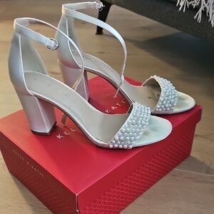 Kelly & Katie Pearled Ivory Ankle-Strap Block Heels